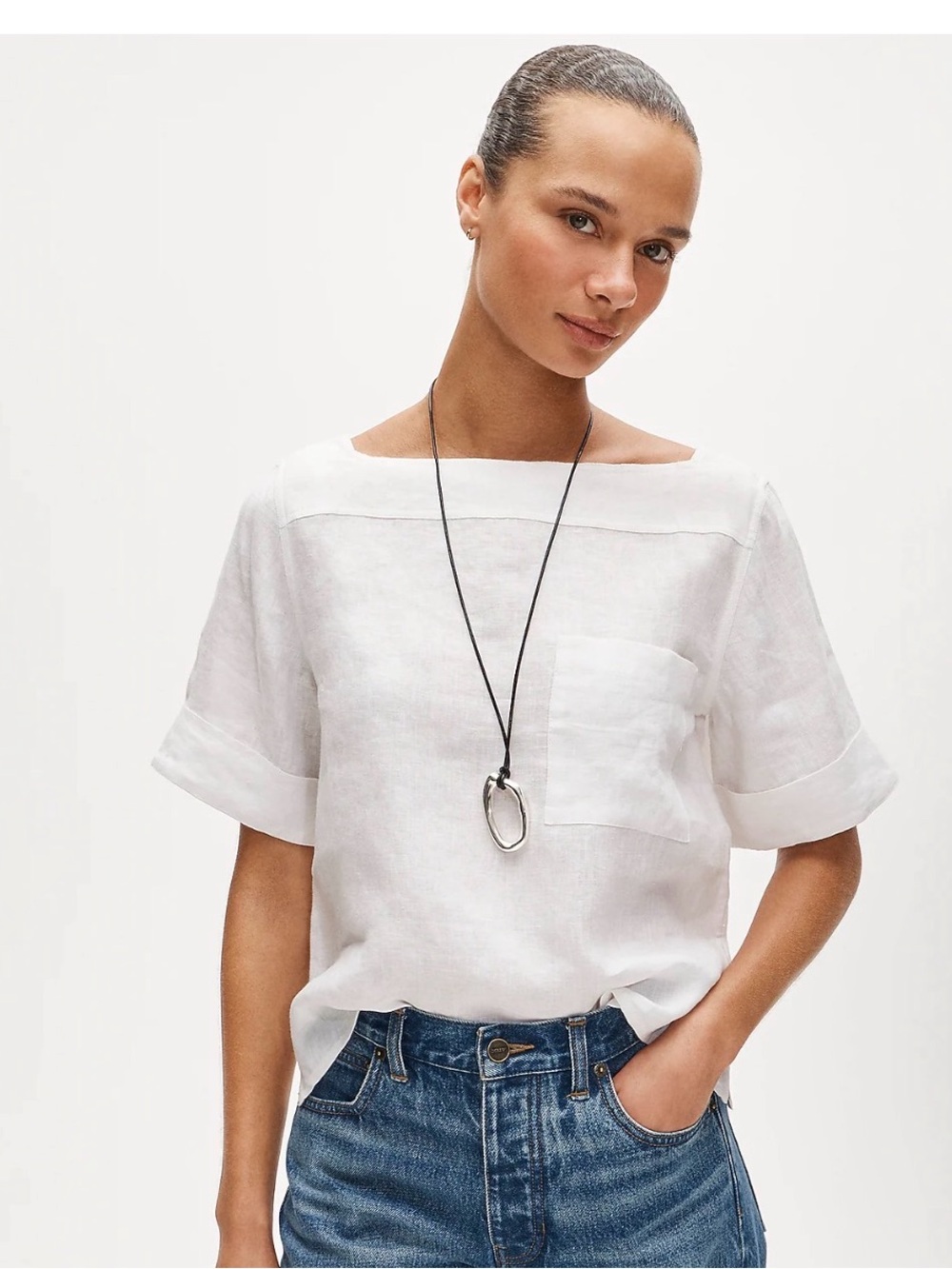 J.Crew Boatneck Linen Tee Short Sleeve Pullover Pocket Top White CT106 NEW $98